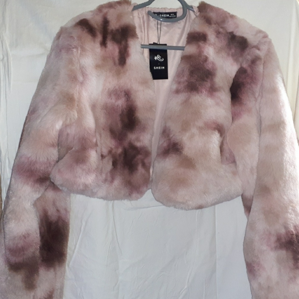 SHEIN Pink and Brown Faux Fur Jacket